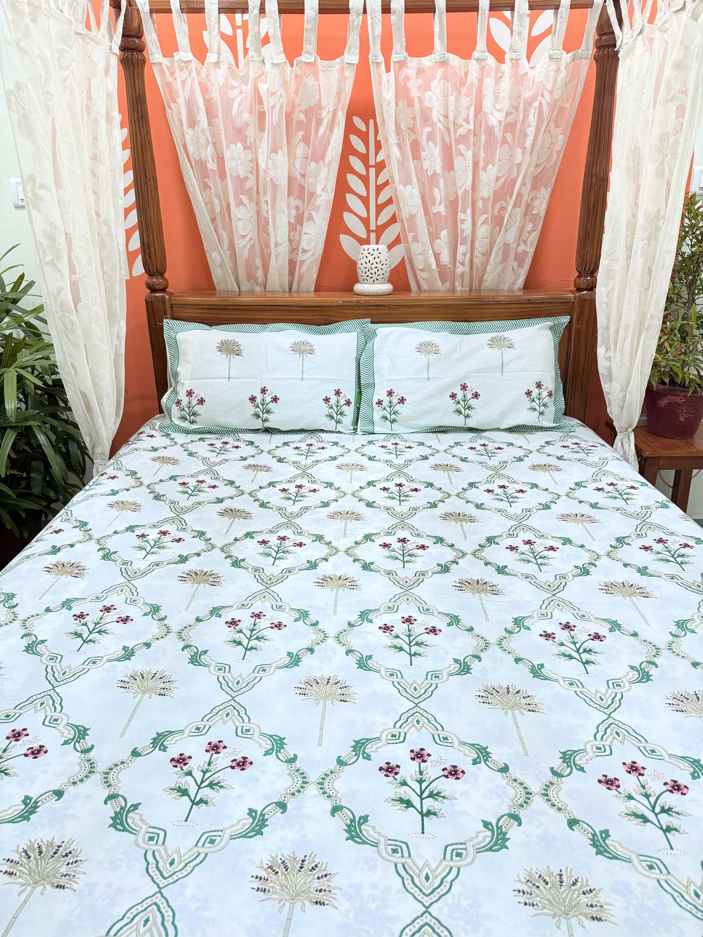 Green Abstract Premium Double Cotton Handblock Bedsheet