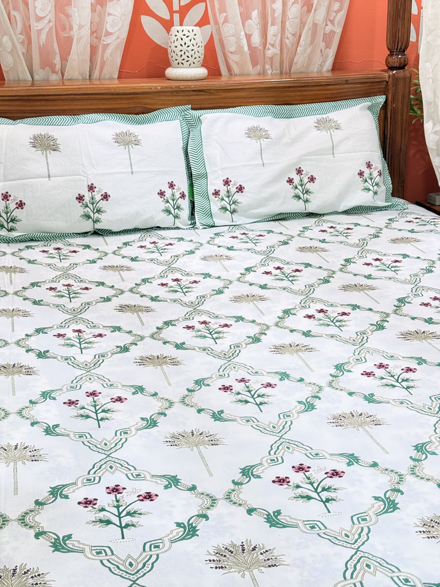 Green Abstract Premium Double Cotton Handblock Bedsheet