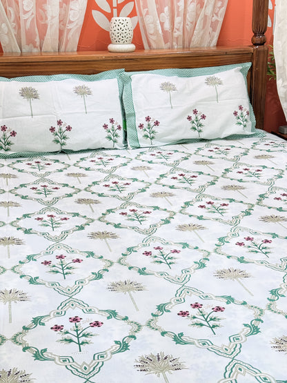Green Abstract Premium Double Cotton Handblock Bedsheet