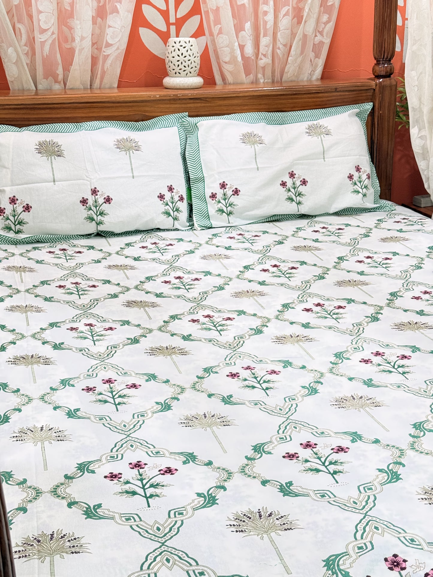 Green Abstract Premium Double Cotton Handblock Bedsheet
