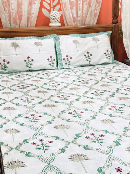 Green Abstract Premium Double Cotton Handblock Bedsheet