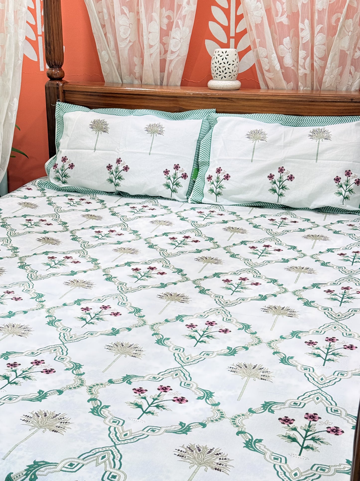 Green Abstract Premium Double Cotton Handblock Bedsheet
