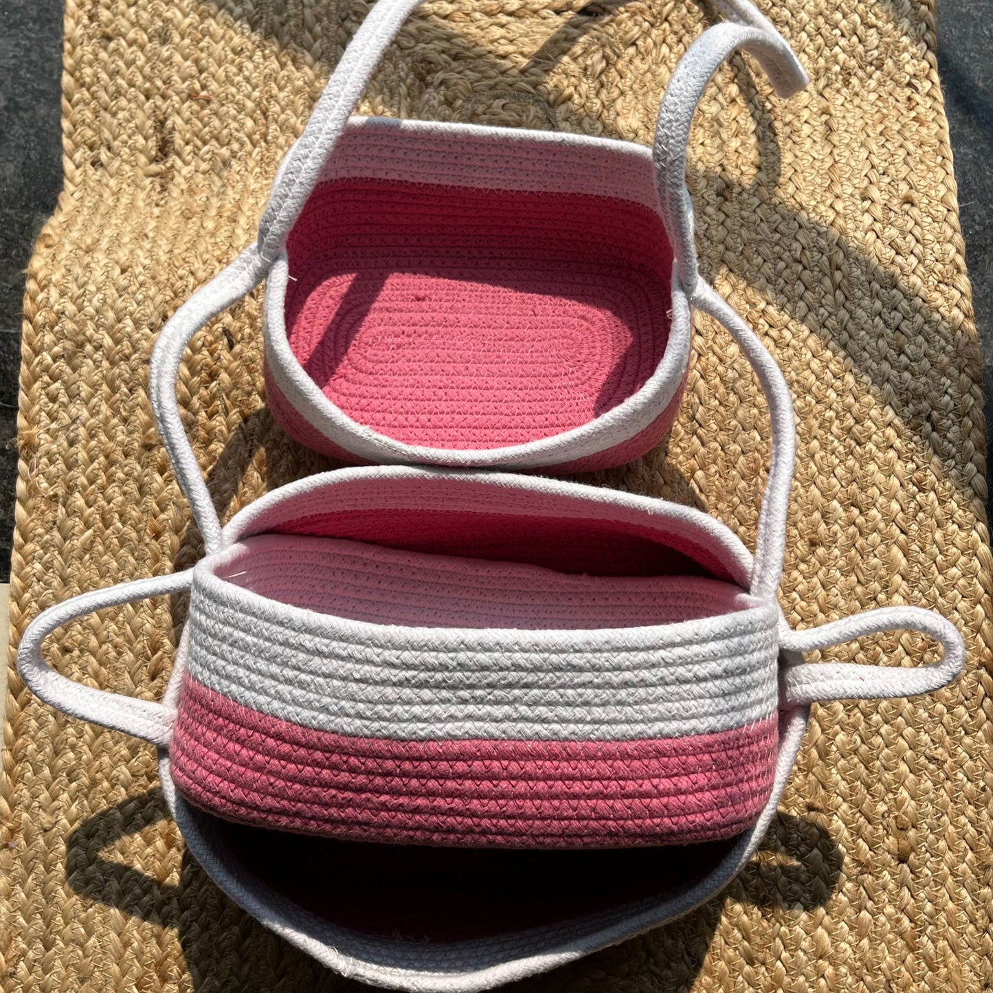 3-Tier Jute wall Hanging Storage Basket organizer - Pink White