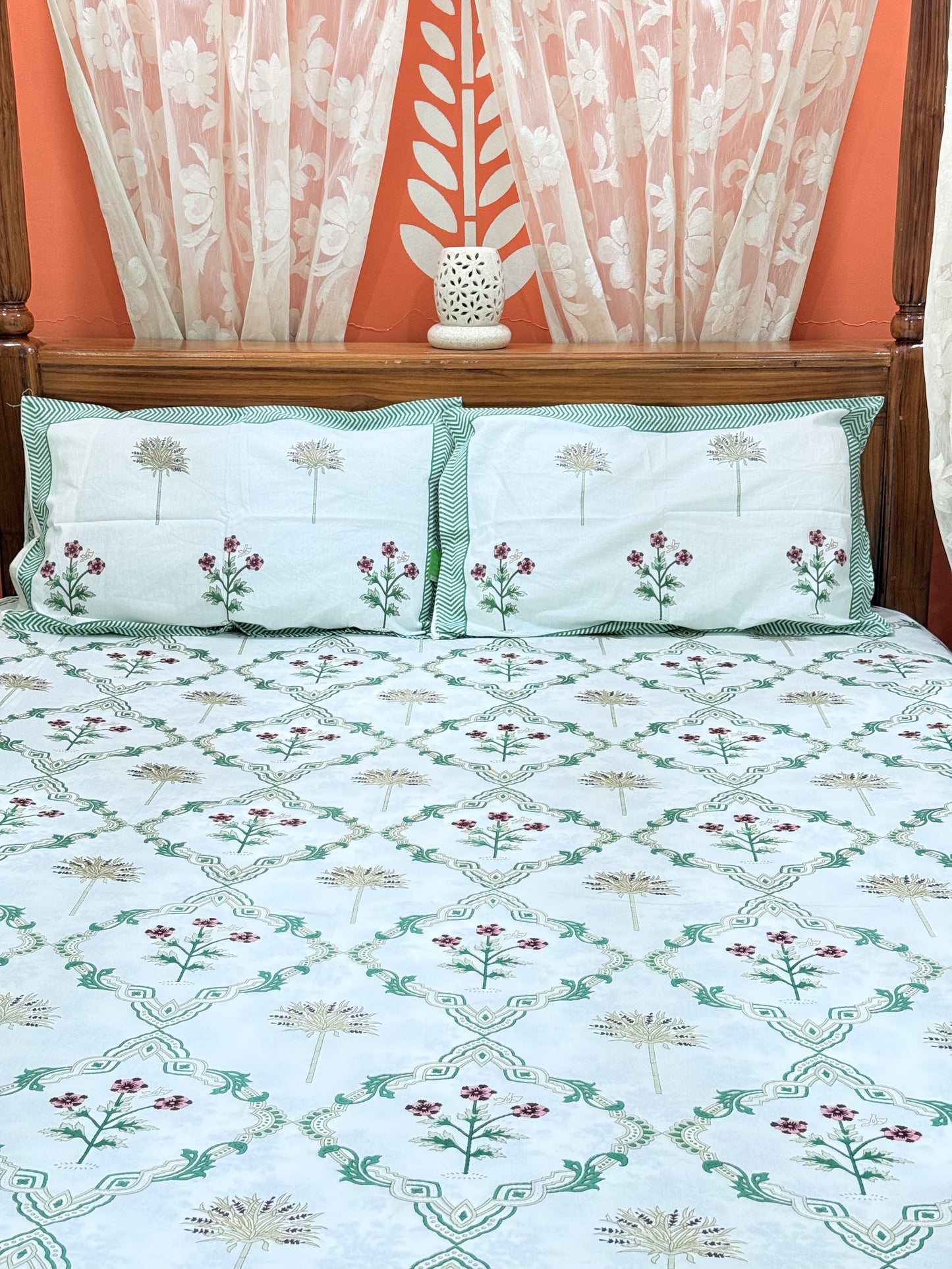 Green Abstract Premium Double Cotton Handblock Bedsheet