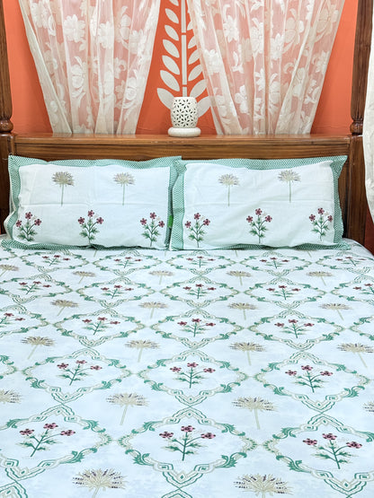 Green Abstract Premium Double Cotton Handblock Bedsheet