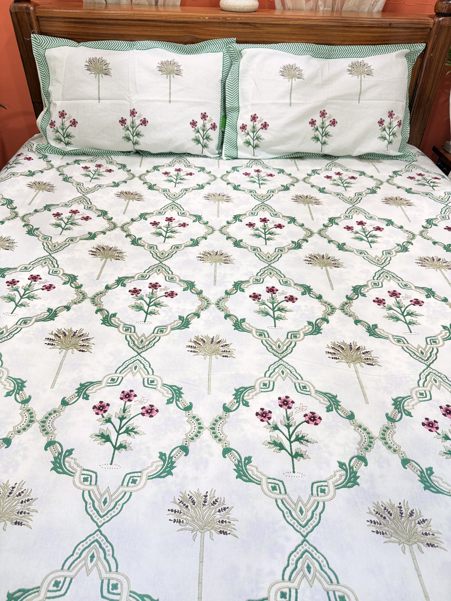 Green Abstract Premium Double Cotton Handblock Bedsheet