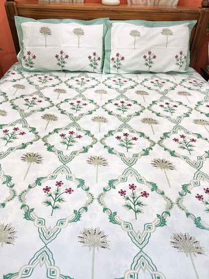 Green Abstract Premium Double Cotton Handblock Bedsheet