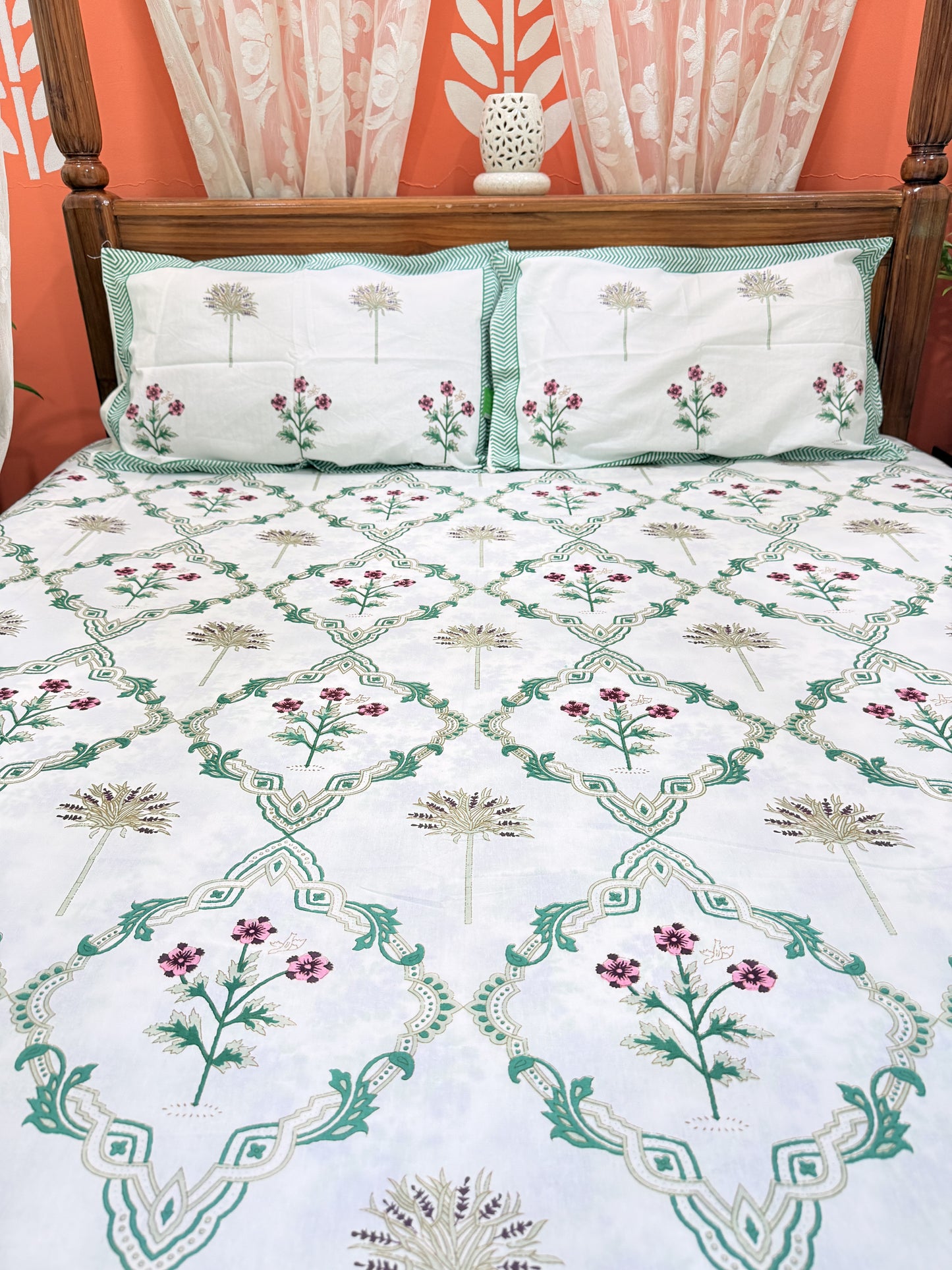 Green Abstract Premium Double Cotton Handblock Bedsheet