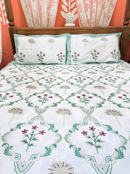 Green Abstract Premium Double Cotton Handblock Bedsheet
