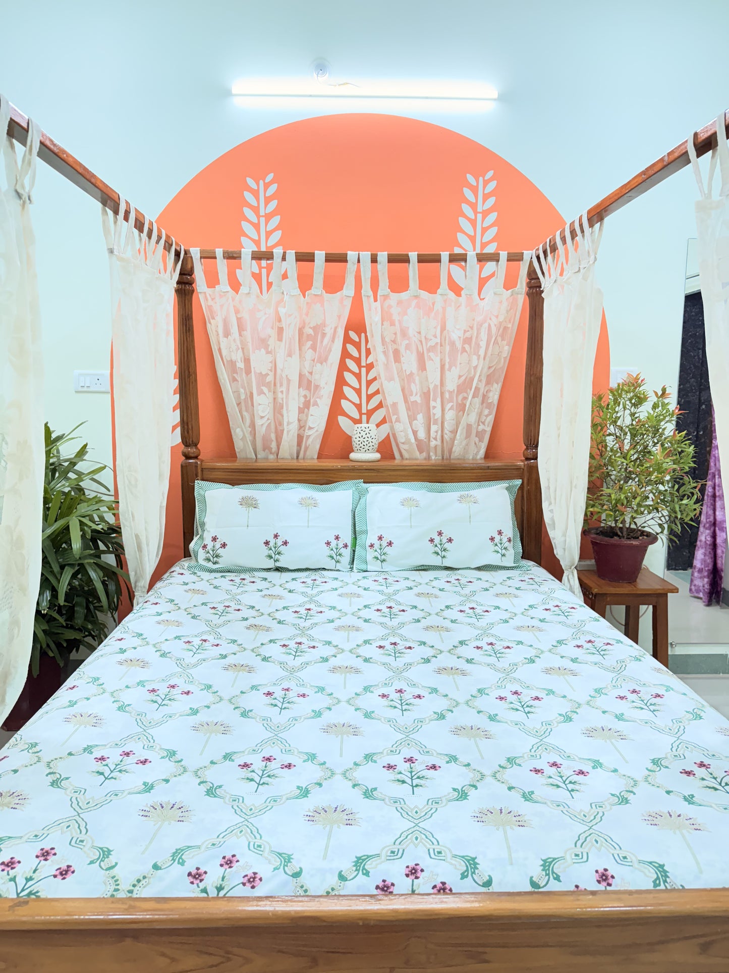 Green Abstract Premium Double Cotton Handblock Bedsheet