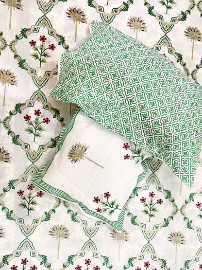 Green Abstract Premium Double Cotton Handblock Bedsheet