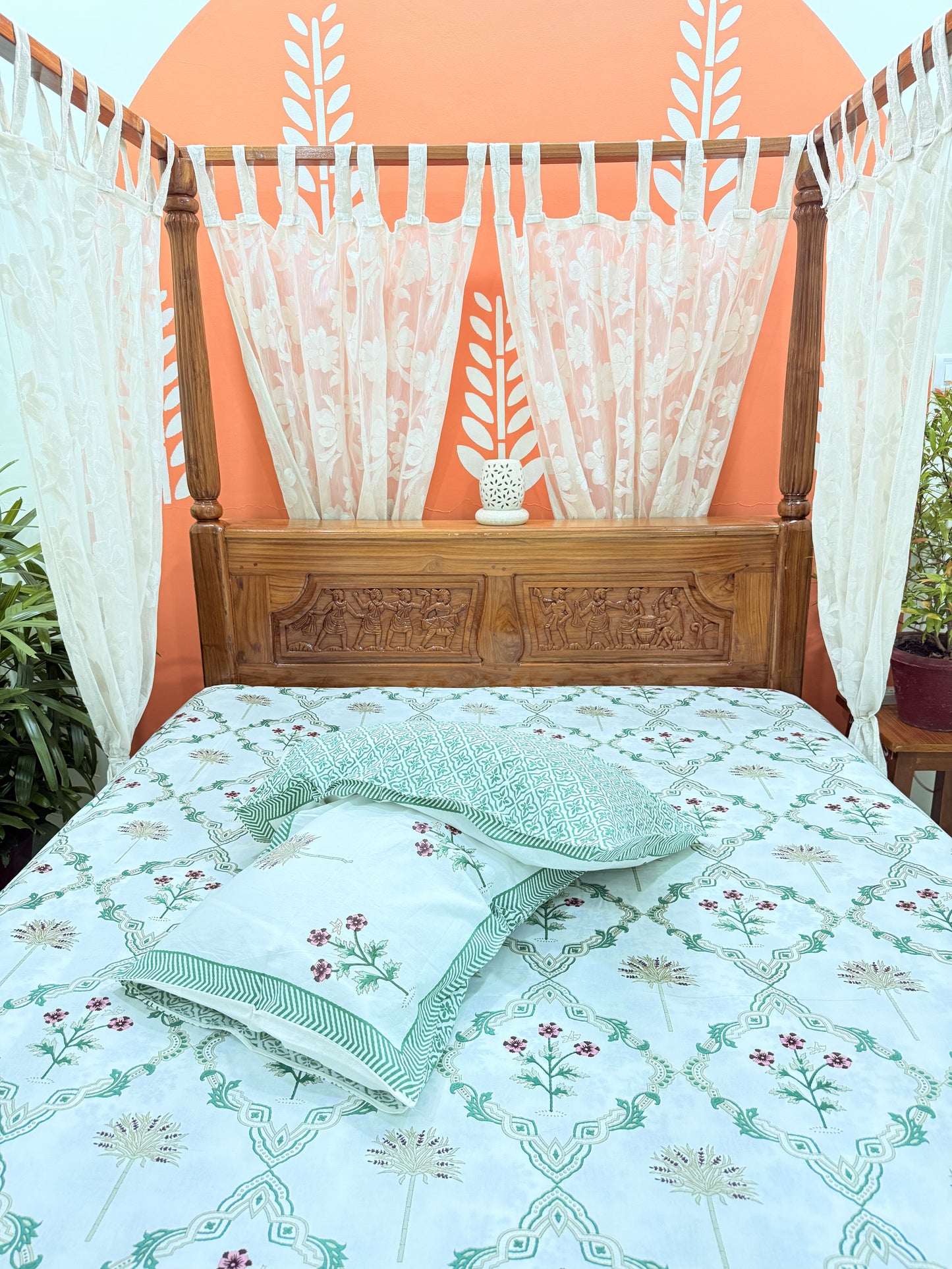 Green Abstract Premium Double Cotton Handblock Bedsheet