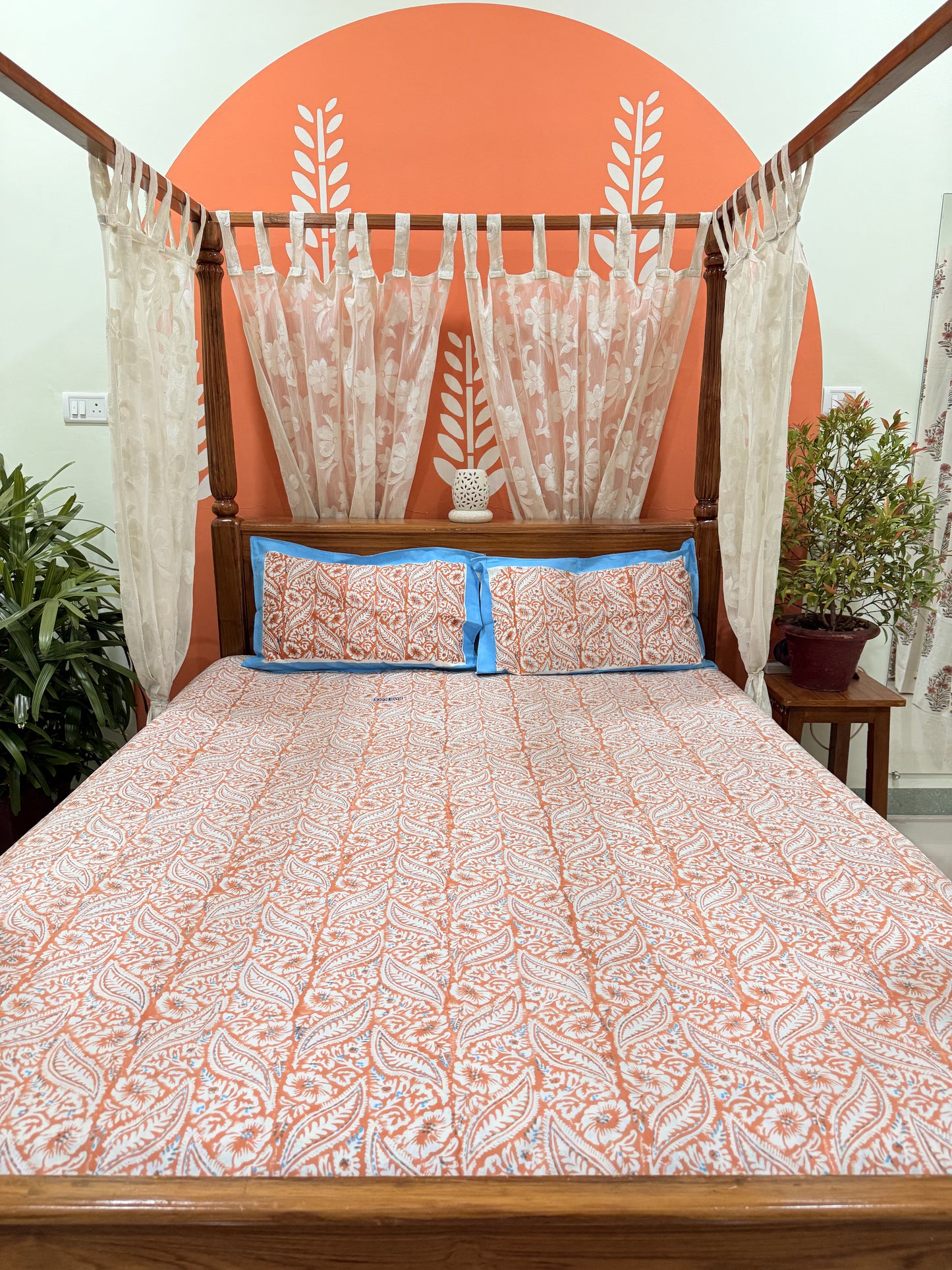 Orange Leaflet Double Premium Cotton Bedsheet