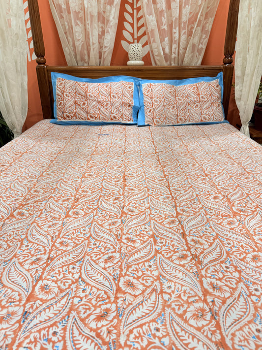 Orange Leaflet Double Premium Cotton Bedsheet