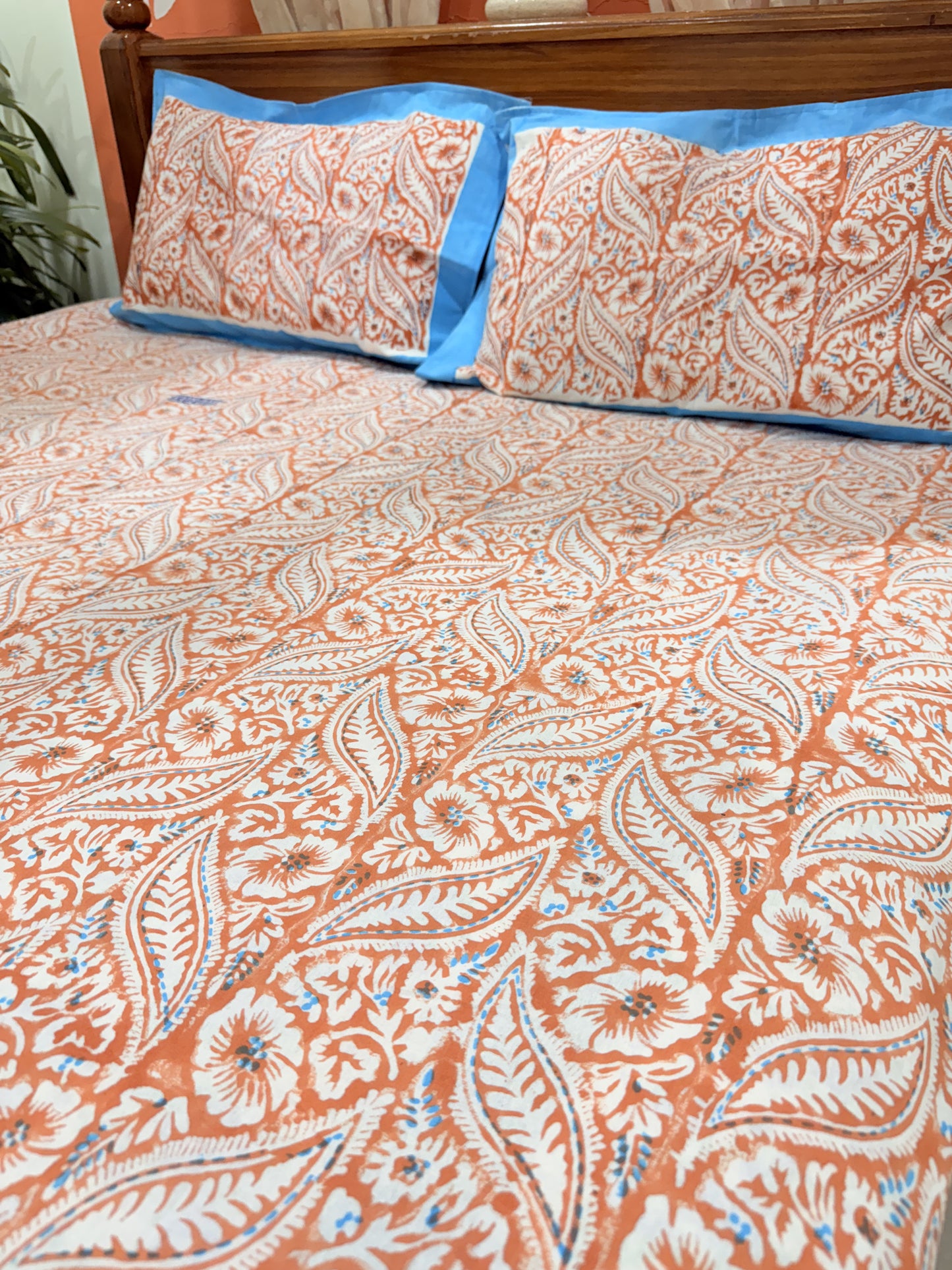 Orange Leaflet Double Premium Cotton Bedsheet