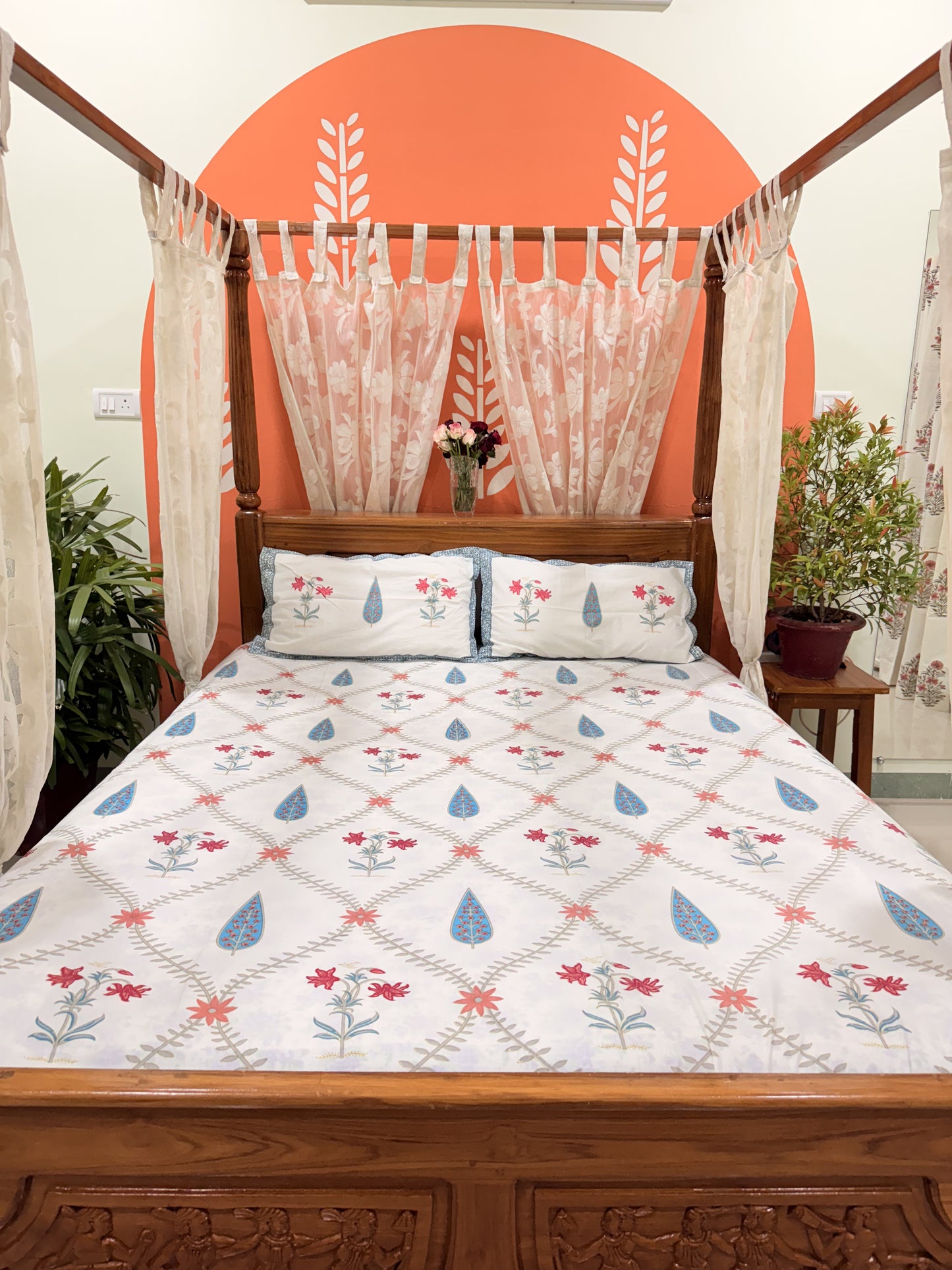 White and Blue Leaf  Cotton Double Bed Premium Handblock Bedsheet