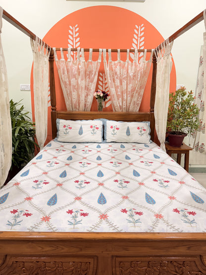 White and Blue Leaf  Cotton Double Bed Premium Handblock Bedsheet