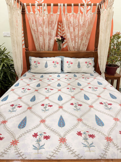 White and Blue Leaf  Cotton Double Bed Premium Handblock Bedsheet