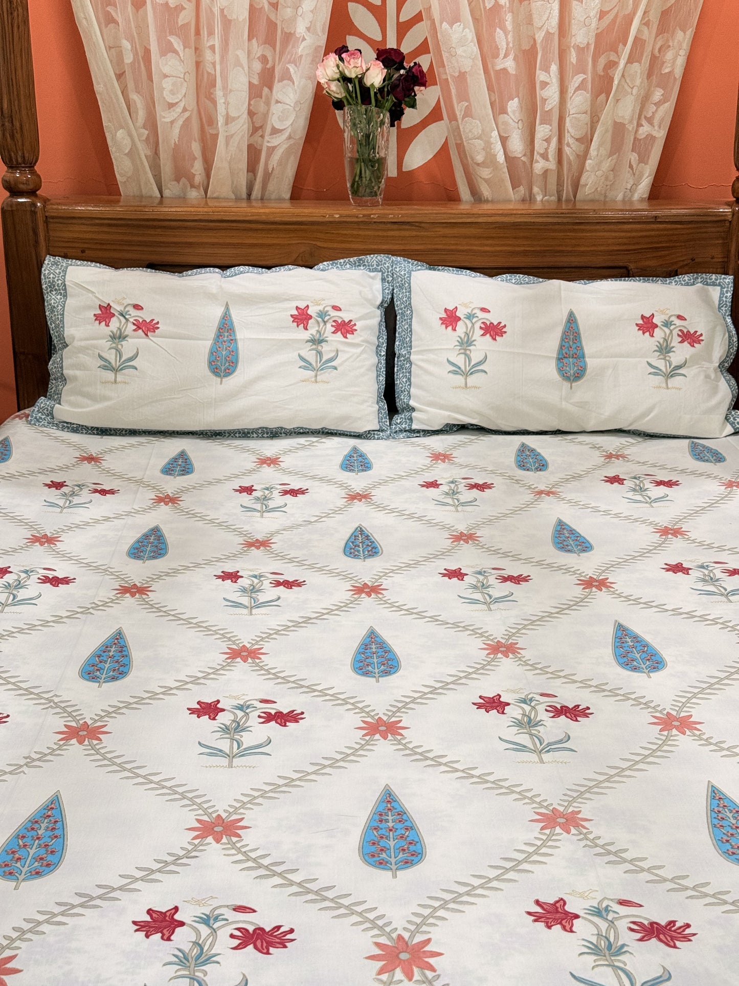 White and Blue Leaf  Cotton Double Bed Premium Handblock Bedsheet