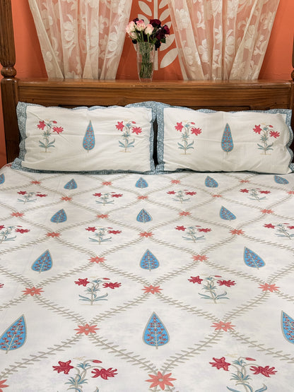 White and Blue Leaf  Cotton Double Bed Premium Handblock Bedsheet