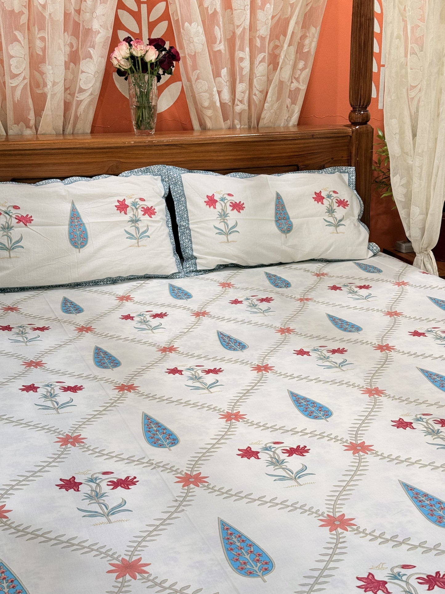 White and Blue Leaf  Cotton Double Bed Premium Handblock Bedsheet
