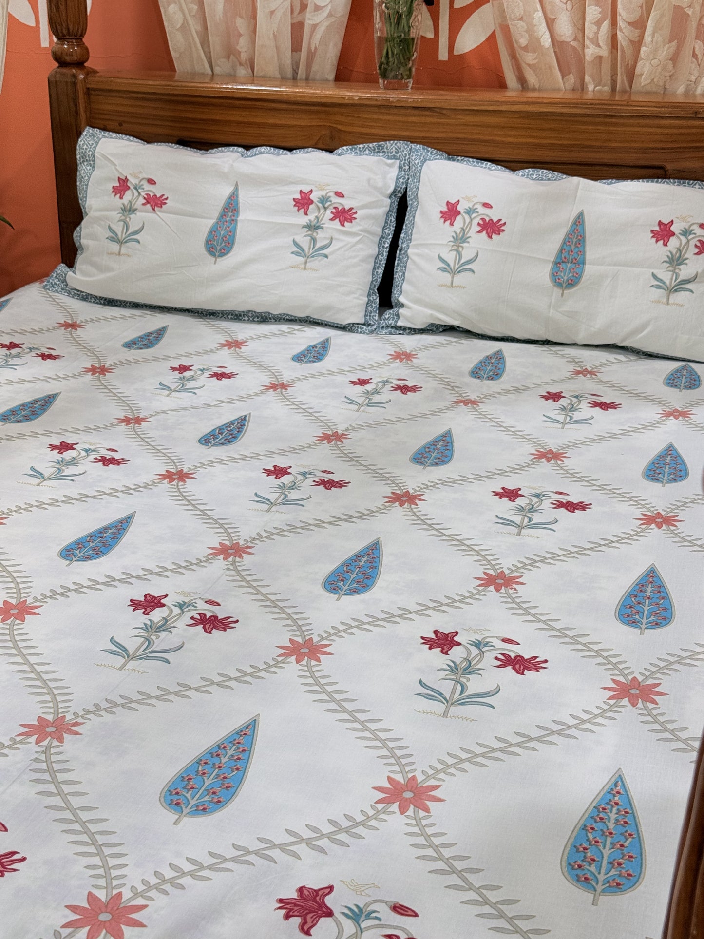 White and Blue Leaf  Cotton Double Bed Premium Handblock Bedsheet