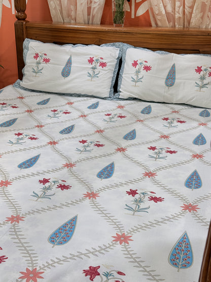 White and Blue Leaf  Cotton Double Bed Premium Handblock Bedsheet