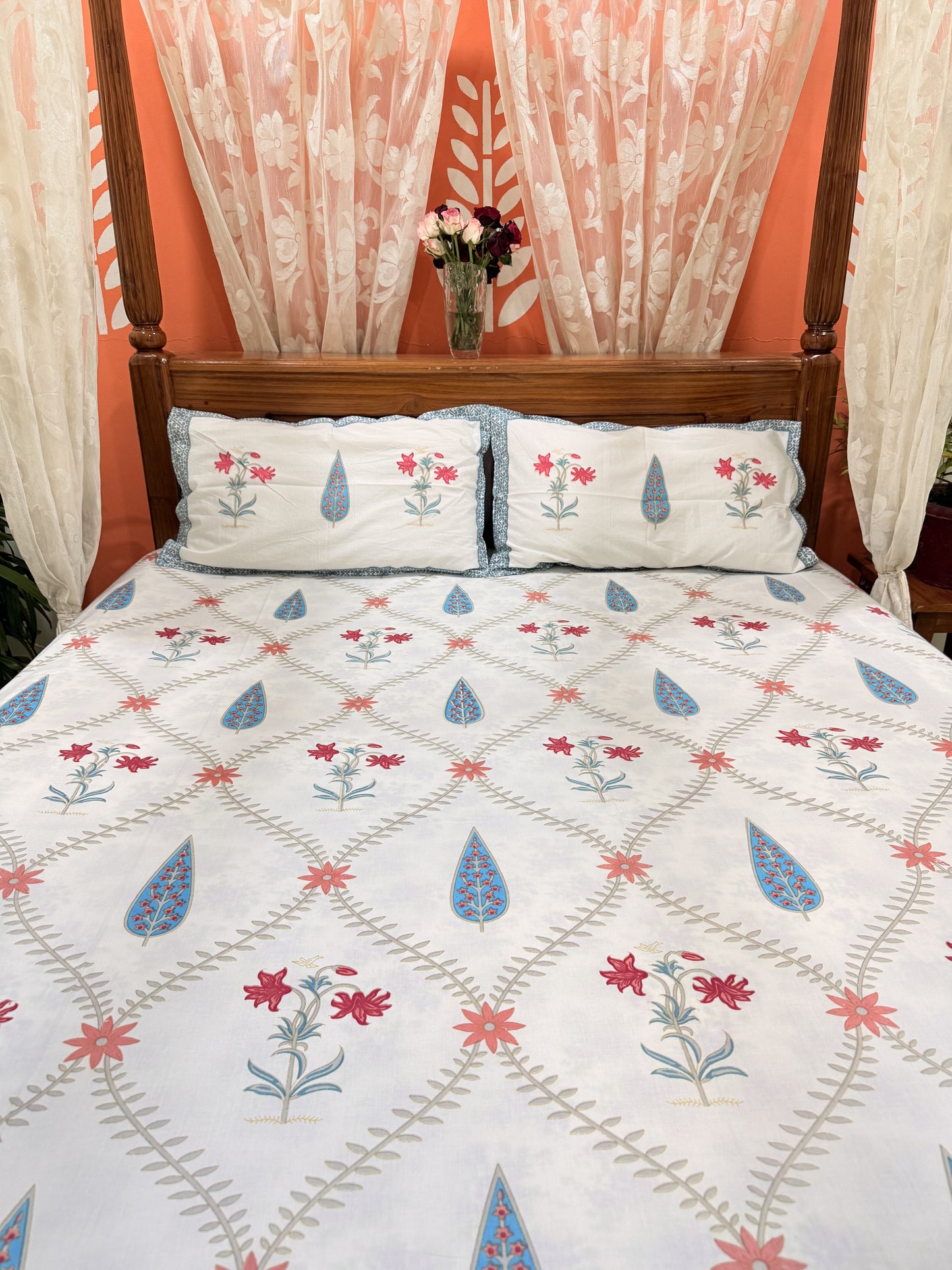 White and Blue Leaf  Cotton Double Bed Premium Handblock Bedsheet