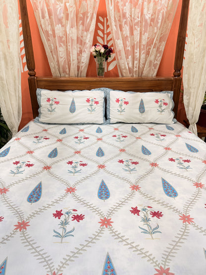 White and Blue Leaf  Cotton Double Bed Premium Handblock Bedsheet