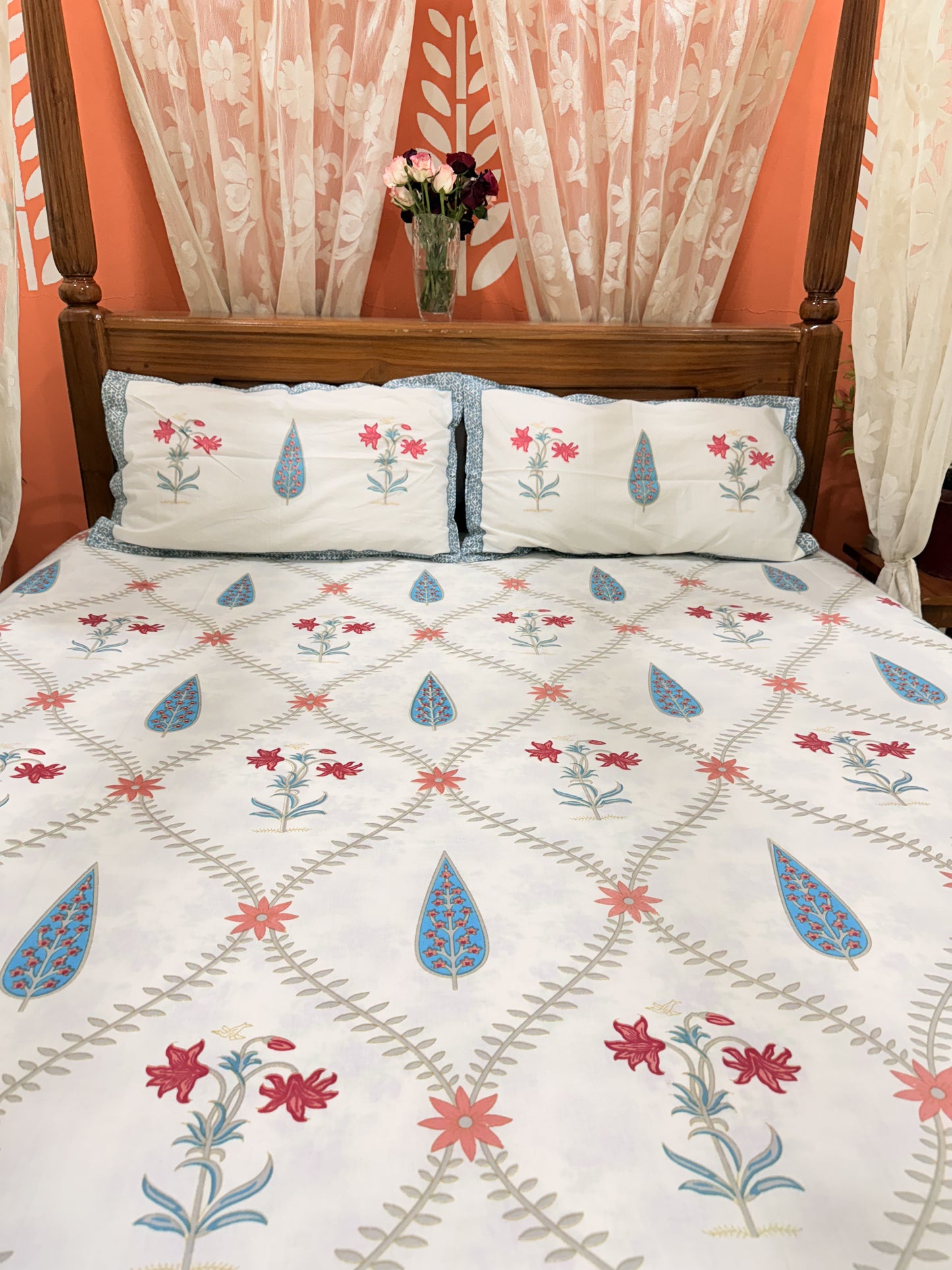 White and Blue Leaf  Cotton Double Bed Premium Handblock Bedsheet