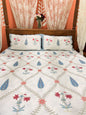 White and Blue Leaf  Cotton Double Bed Premium Handblock Bedsheet