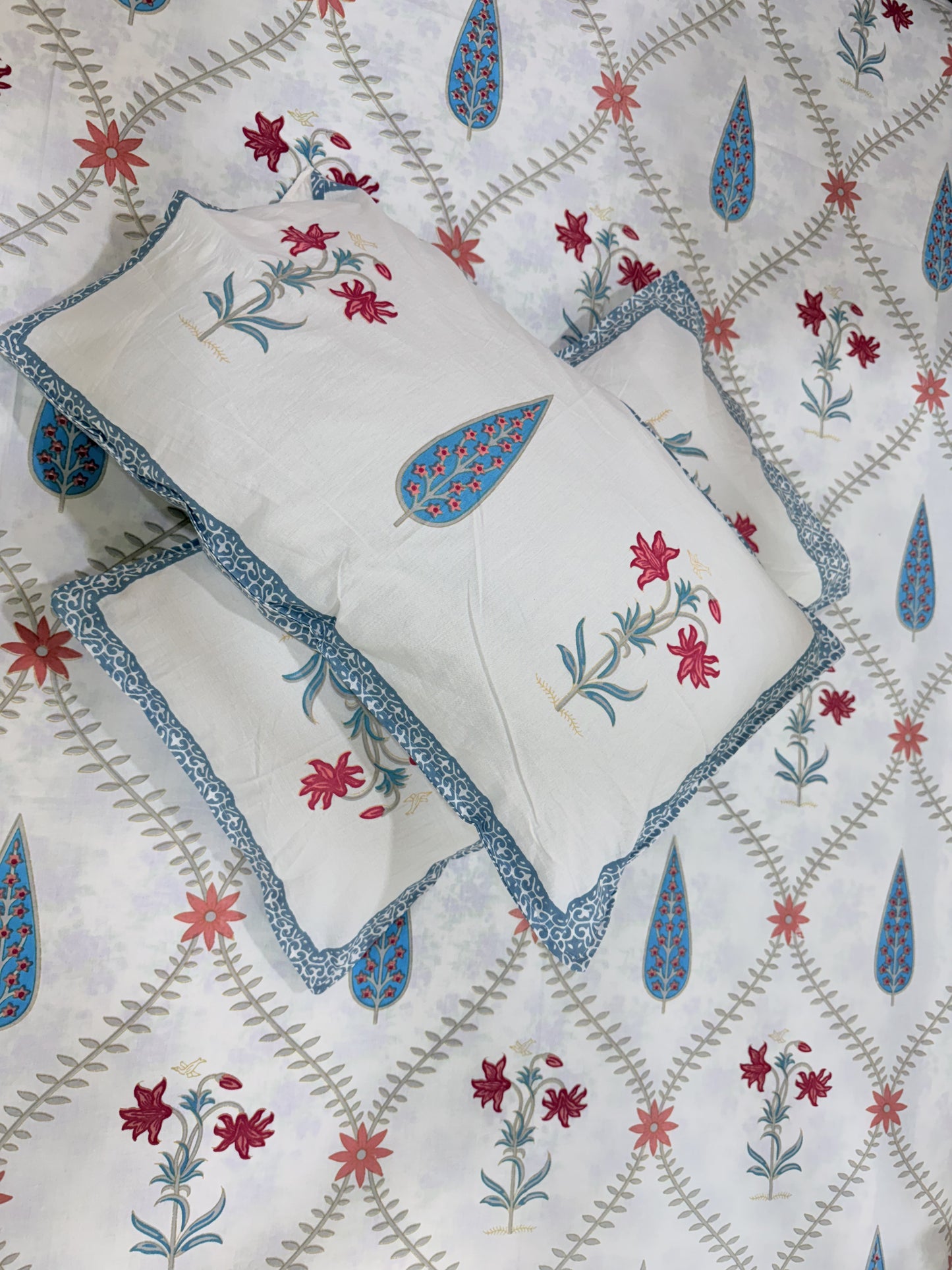 White and Blue Leaf  Cotton Double Bed Premium Handblock Bedsheet