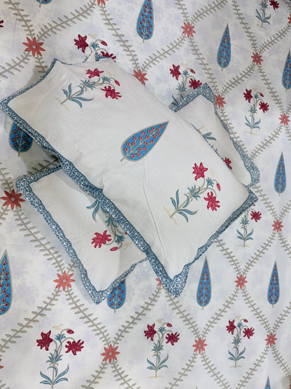 White and Blue Leaf  Cotton Double Bed Premium Handblock Bedsheet