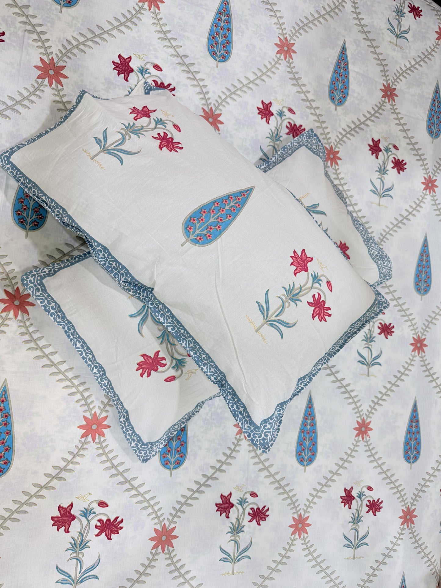 White and Blue Leaf  Cotton Double Bed Premium Handblock Bedsheet