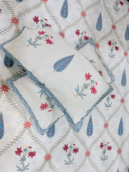 White and Blue Leaf  Cotton Double Bed Premium Handblock Bedsheet