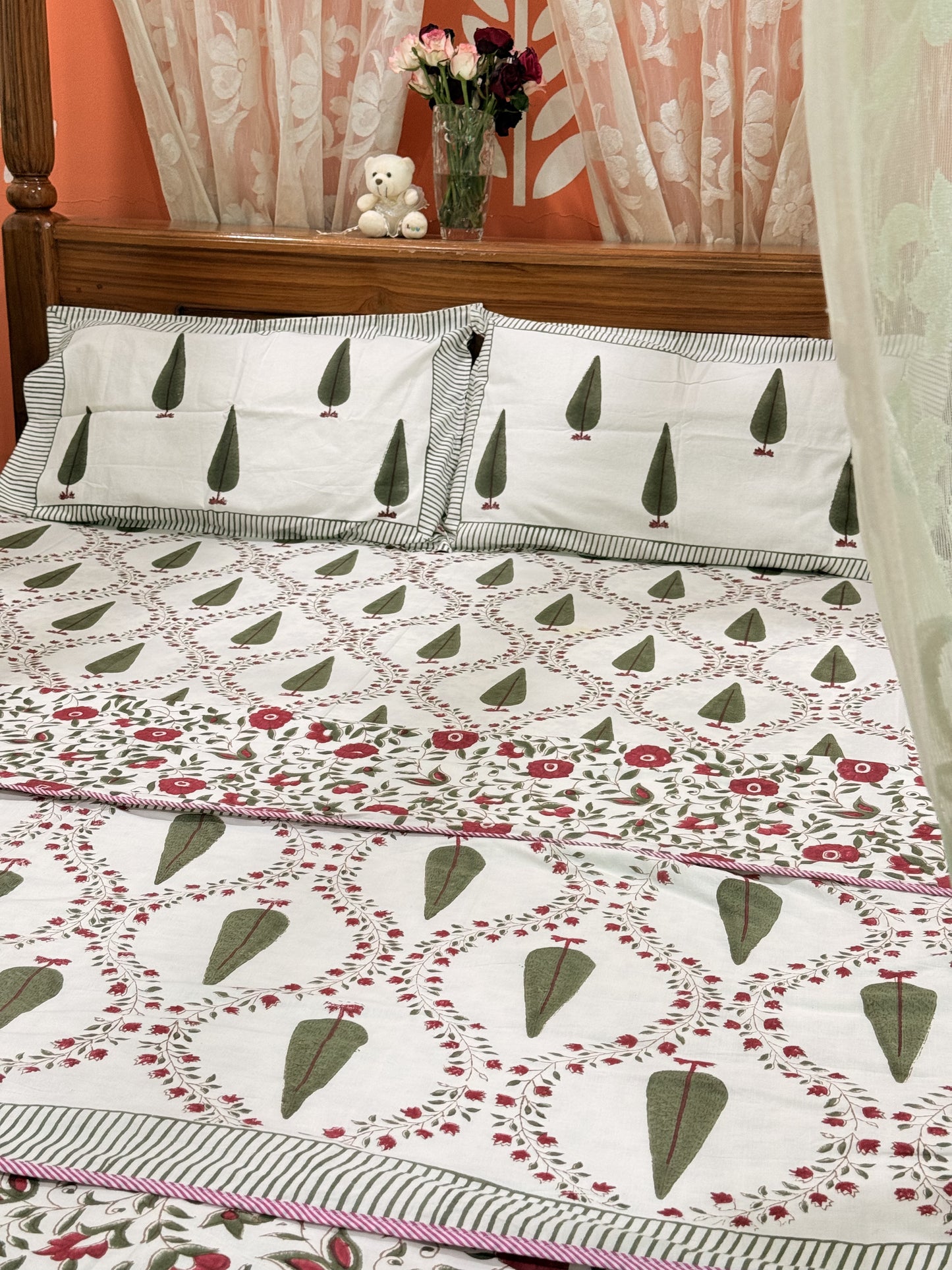 Dark Green  Premium Cotton Double  Handblock Bedsheet