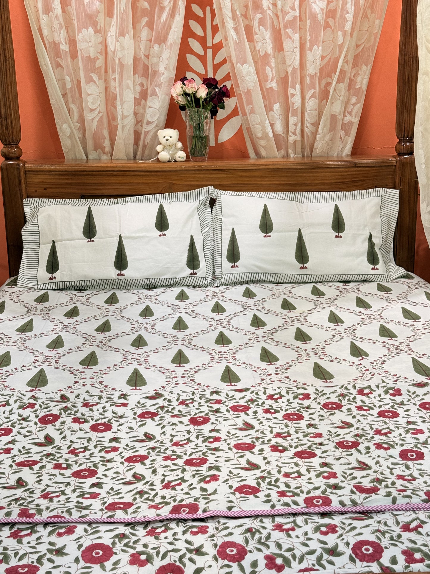 Dark Green  Premium Cotton Double  Handblock Bedsheet