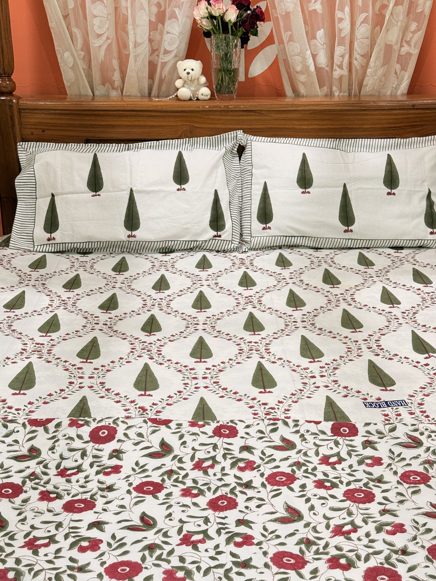 Dark Green  Premium Cotton Double  Handblock Bedsheet
