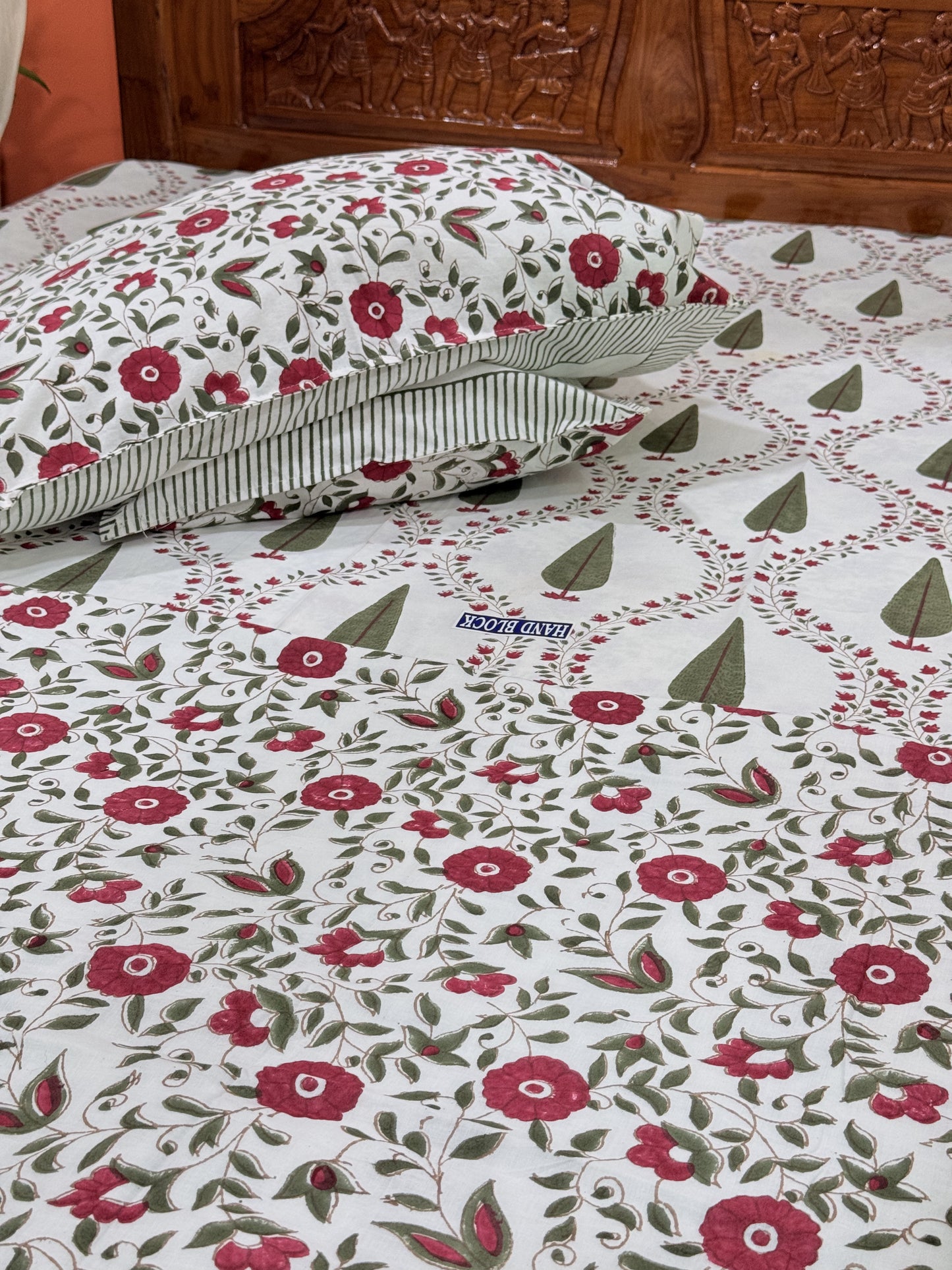 Dark Green  Premium Cotton Double  Handblock Bedsheet