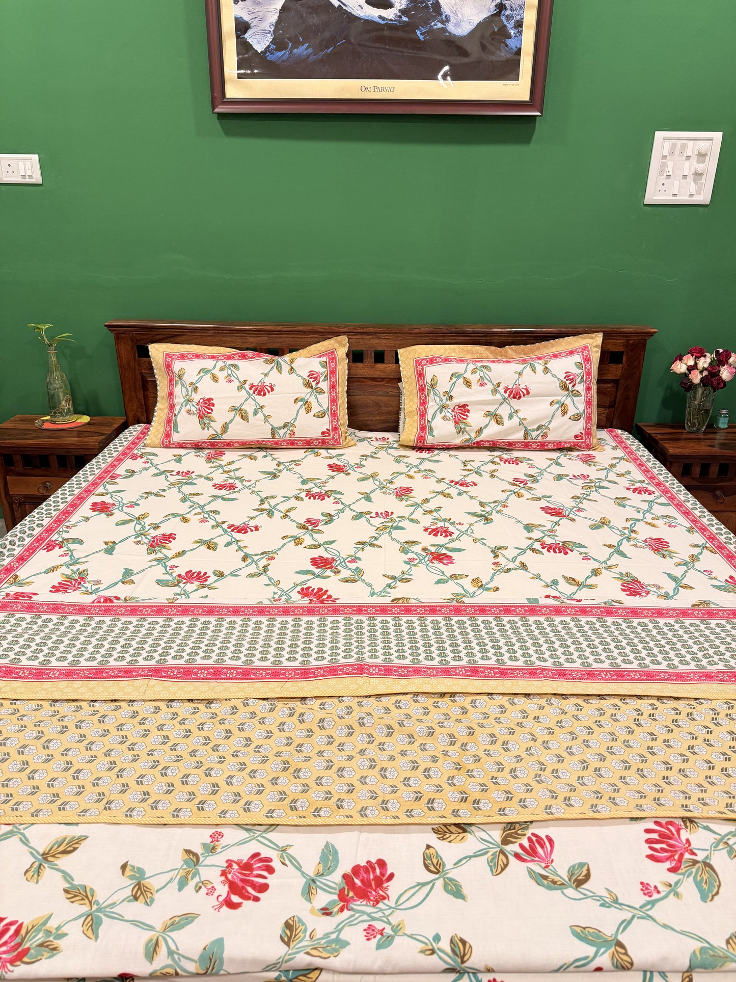 Pastel Red Premium Cotton Handblock Double  Bedsheet