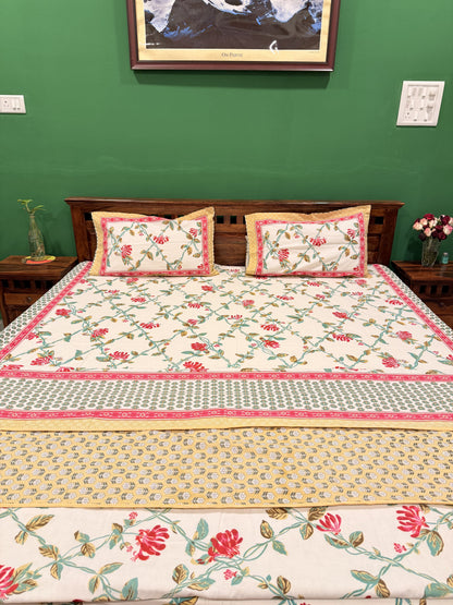 Pastel Red Premium Cotton Handblock Double  Bedsheet
