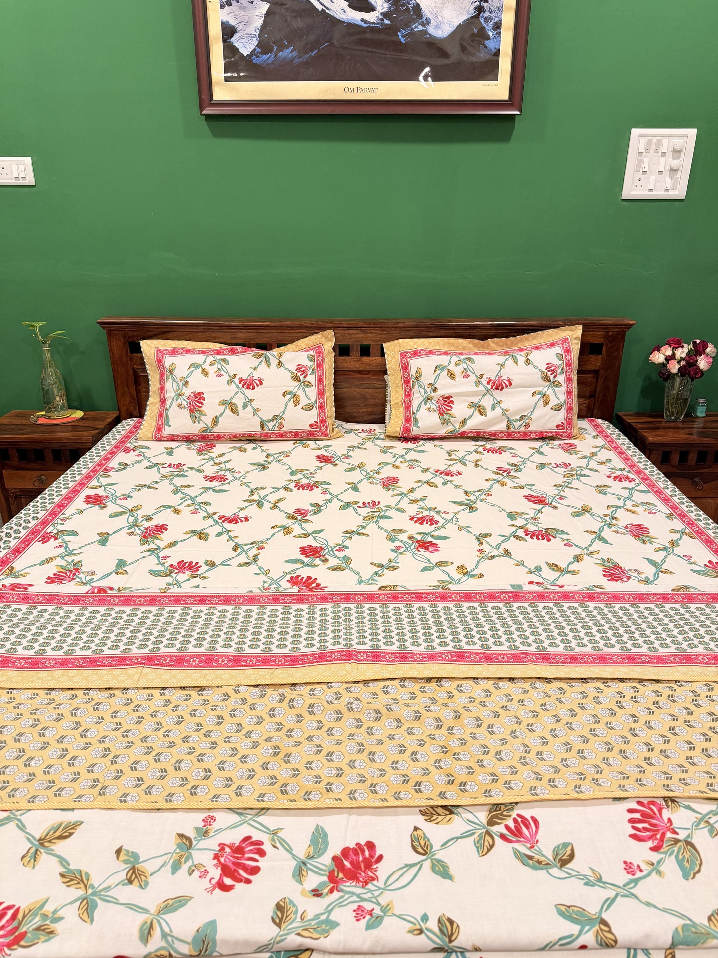 Pastel Red Premium Cotton Handblock Double  Bedsheet