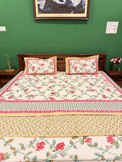 Pastel Red Premium Cotton Handblock Double  Bedsheet