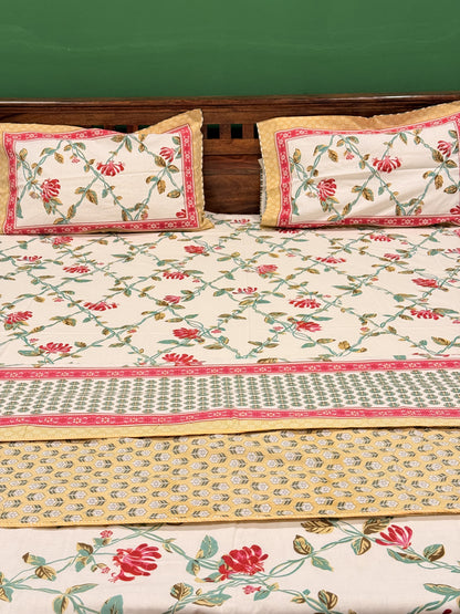 Pastel Red Premium Cotton Handblock Double  Bedsheet