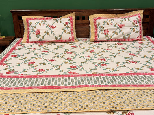 Pastel Red Premium Cotton Handblock Double  Bedsheet