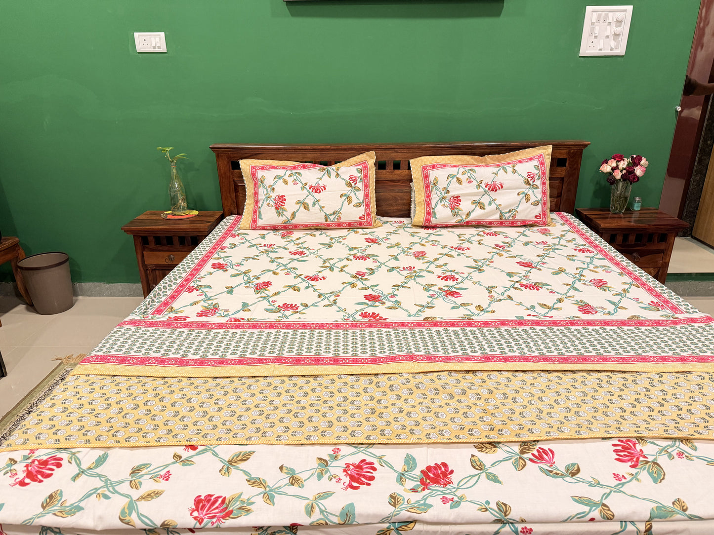 Pastel Red Premium Cotton Handblock Double  Bedsheet