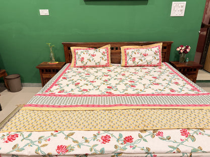 Pastel Red Premium Cotton Handblock Double  Bedsheet