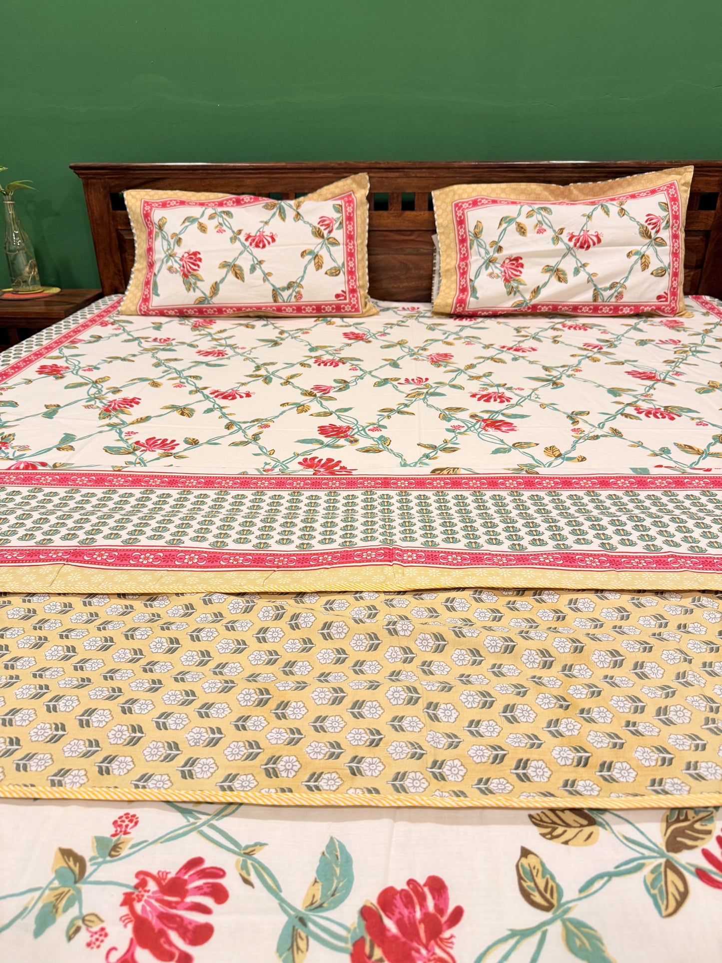 Pastel Red Premium Cotton Handblock Double  Bedsheet