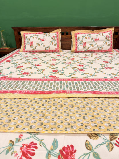 Pastel Red Premium Cotton Handblock Double  Bedsheet