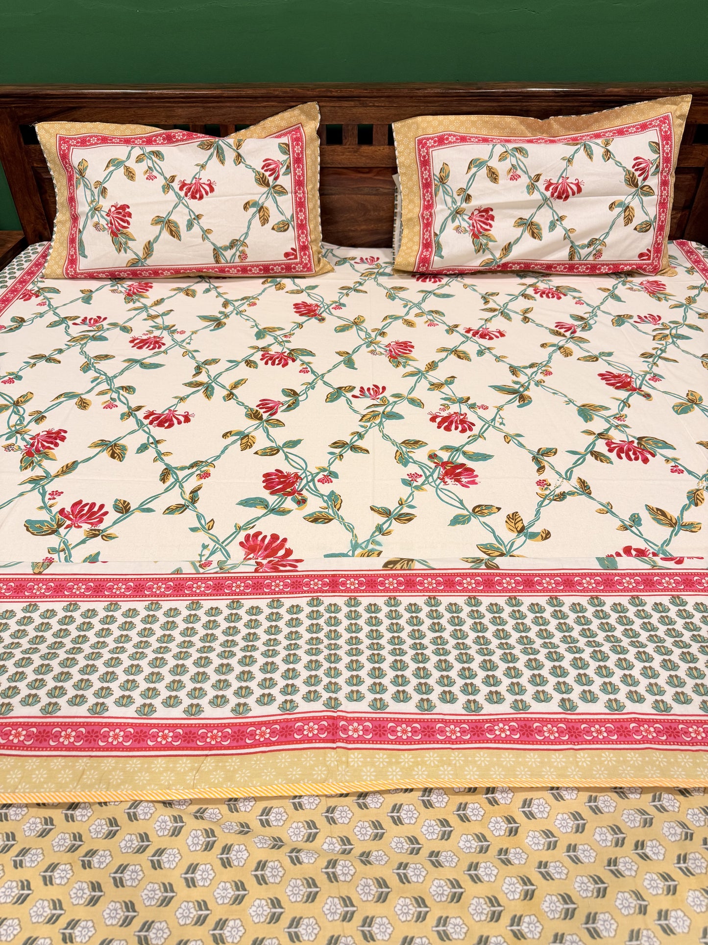 Pastel Red Premium Cotton Handblock Double  Bedsheet